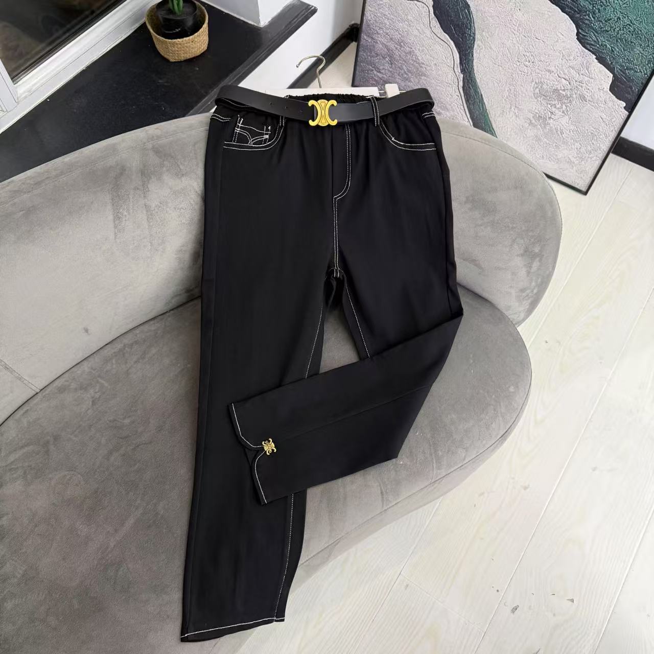 【晓琳】2025春季新款时尚百搭黑色高腰直筒休闲裤（带腰带）