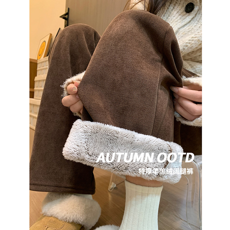 孕妇裤棕咖色加绒阔腿裤秋冬季垂感直筒雪尼尔羊羔绒加厚保暖棉裤