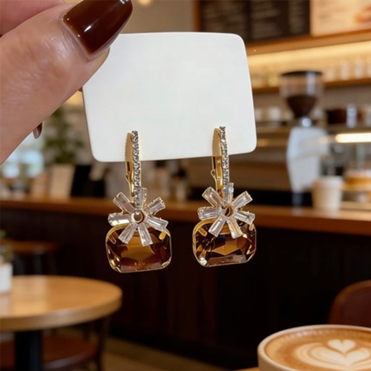 【梦梦饰品】花朵一款多戴耳环超显白棕色方块轻奢高级耳饰1703