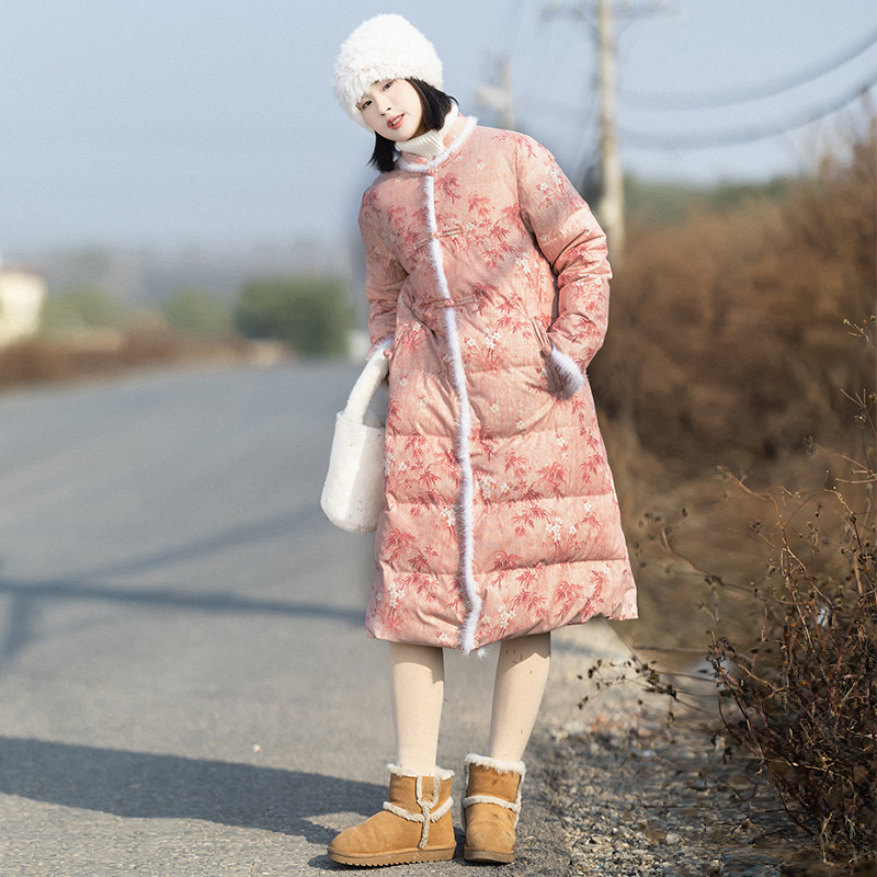 清1123【春风桃红】国风中式立领羽绒服女士冬季长款水貂毛印花加厚