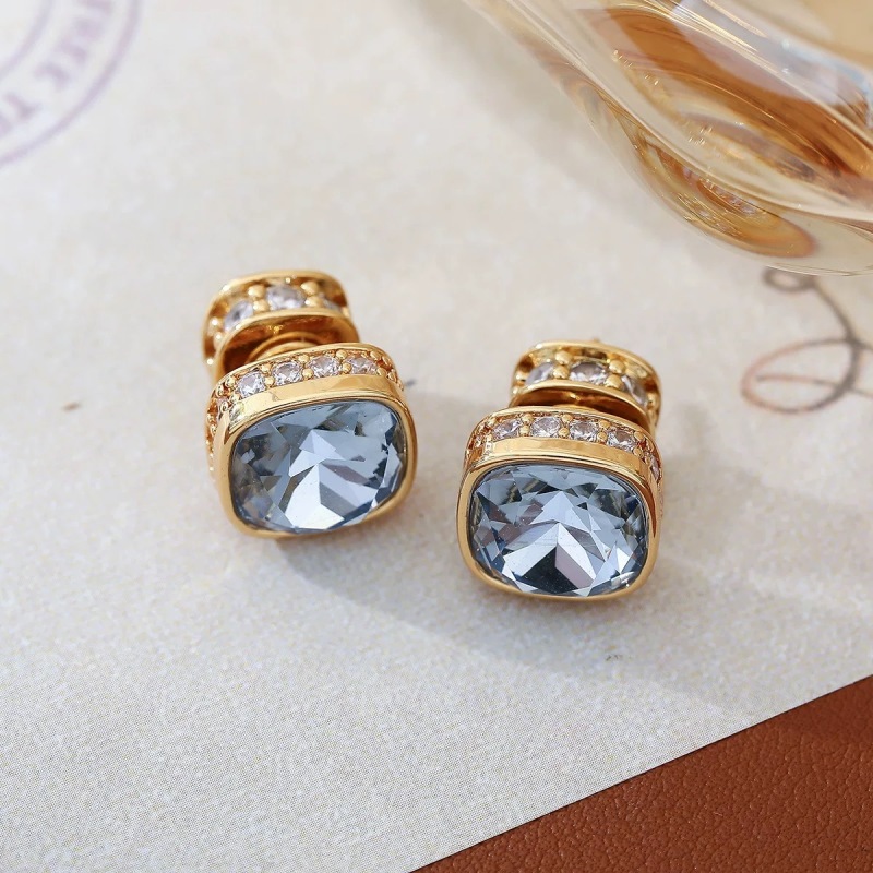 925银合成锆石耳饰 铜合金S925银针法式复古方形耳环时尚耳钉