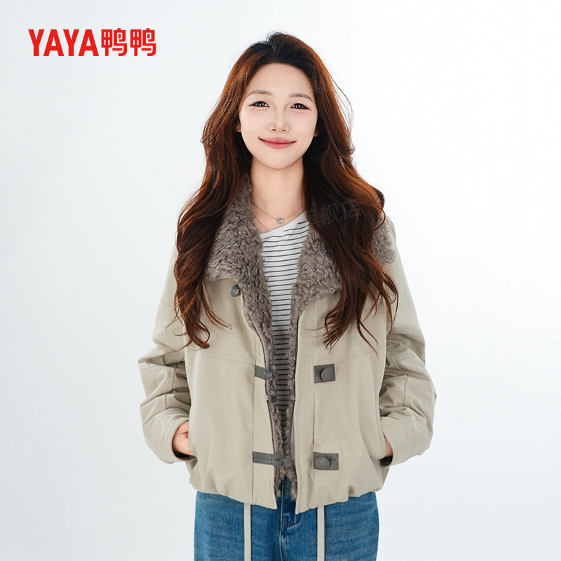 YAYA/鸭鸭羽绒服女短款复古港风翻领拉链韩版宽松外套DT51018011E