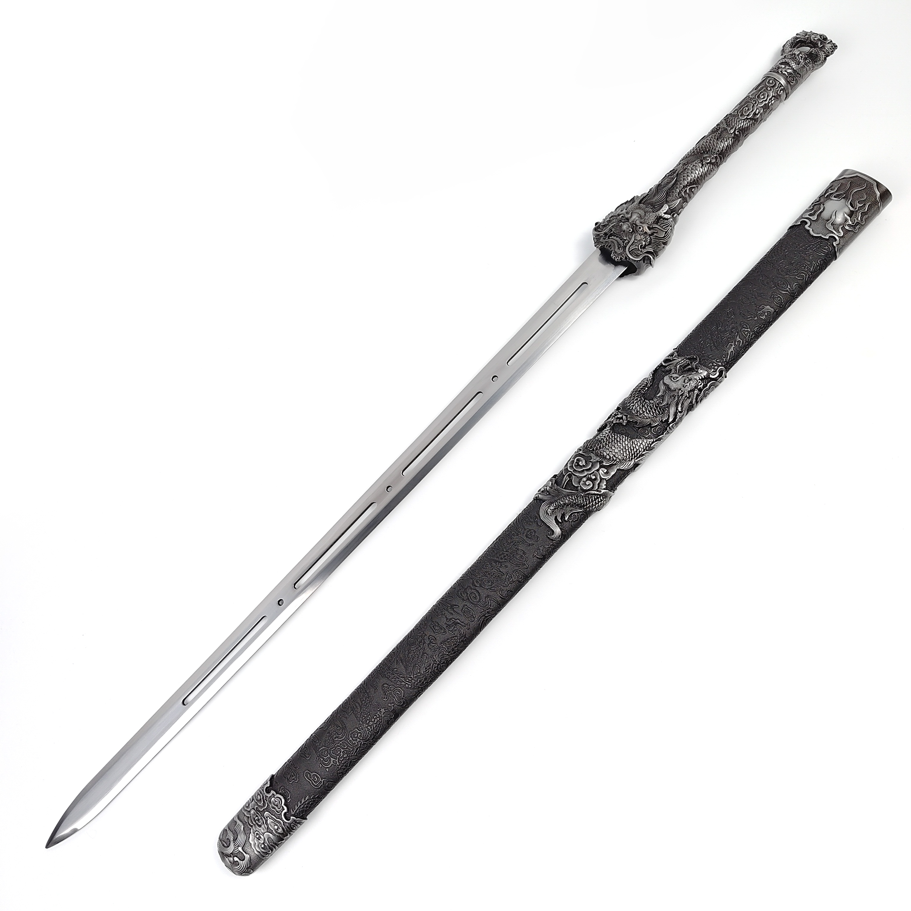 【天字】龙鳞墨羽剑杉木包布鞘合金装饰手柄高锰钢剑身不开刃工艺品