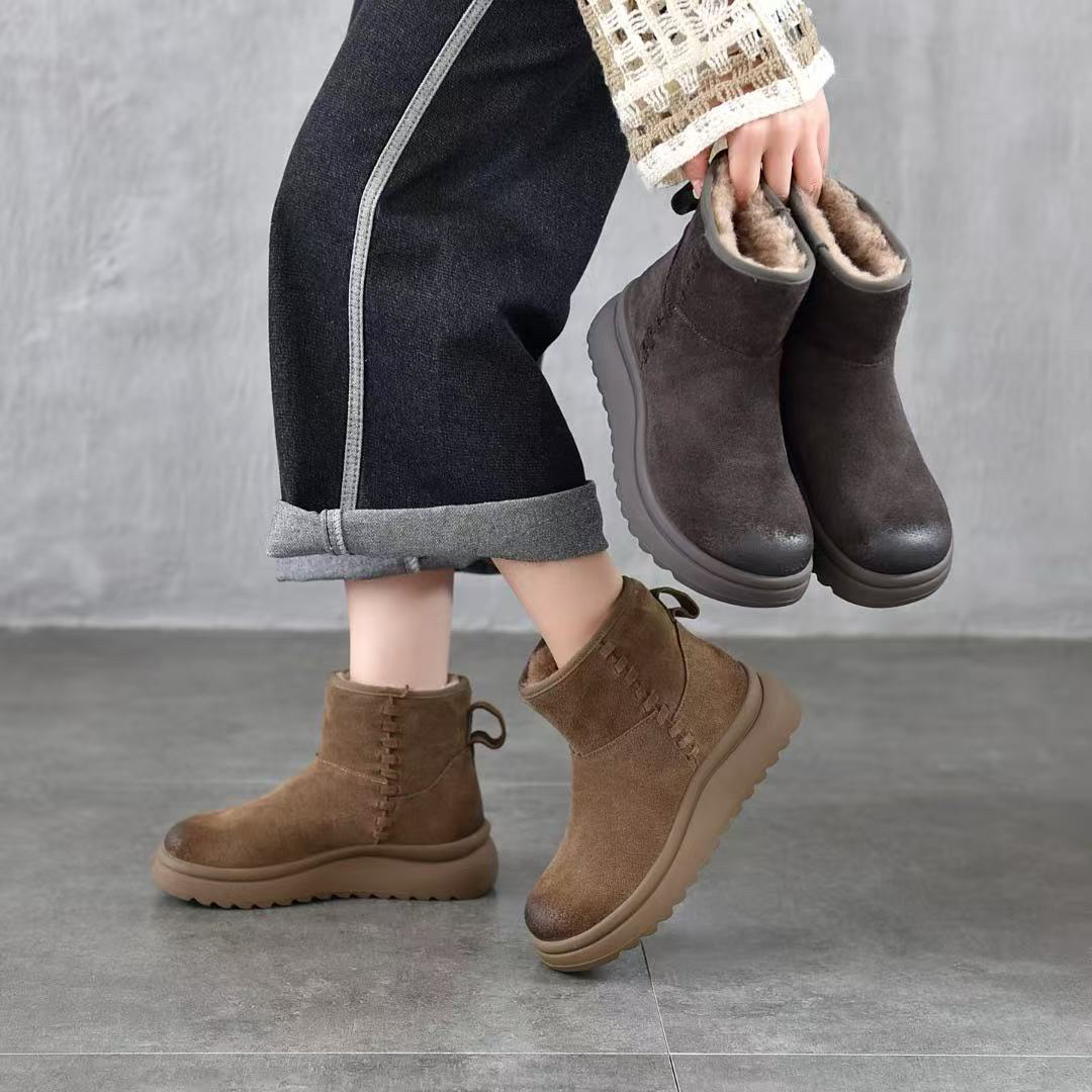 新款冬季加绒保暖新款纯色套脚中筒平跟舒适百搭复古女鞋