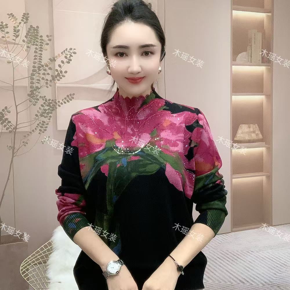 3D印花手工烫钻时尚百搭针织衫寸领4832