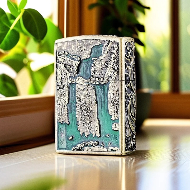 浮雕绿色填漆高山流水打火机（需自行加油）z