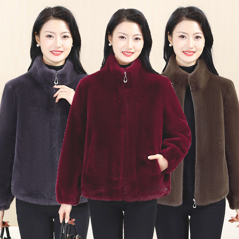 中老年高档水貂绒女短款外套立领时尚妈妈装皮毛一体保暖