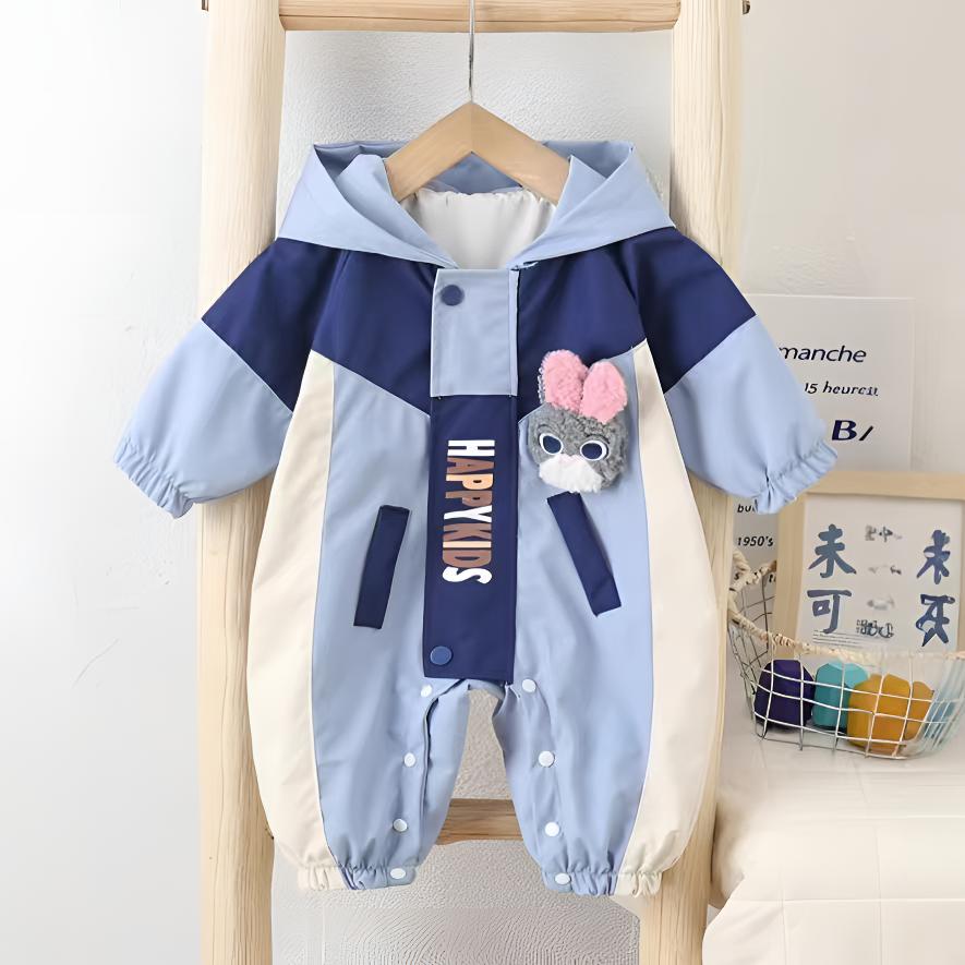 2025春秋双层快乐宝宝冲锋衣可爱兔卡通长爬爬服韩版幼儿连帽哈衣