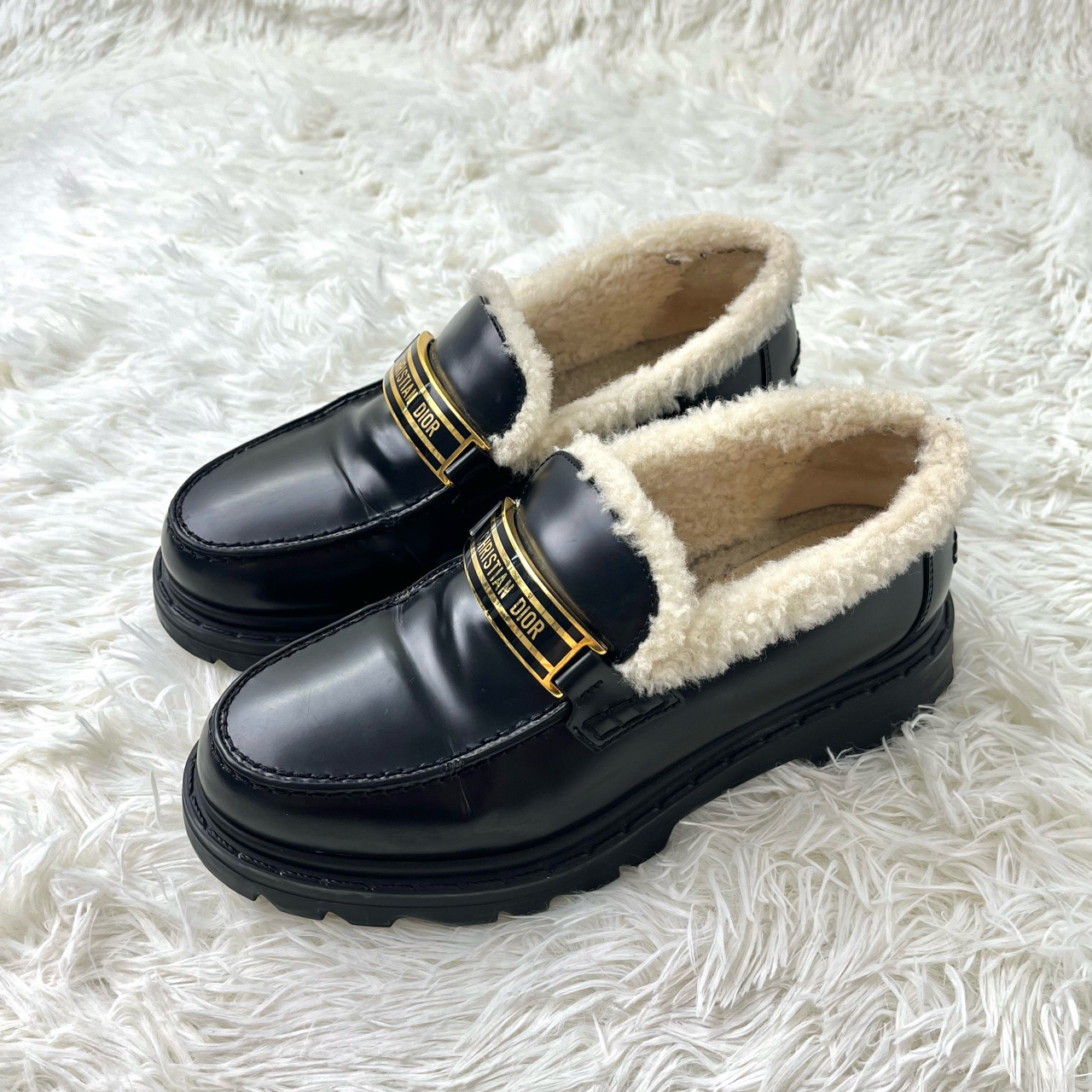 99新 DIOR/迪奥 加绒黑色厚底乐福鞋 36.5码11968017