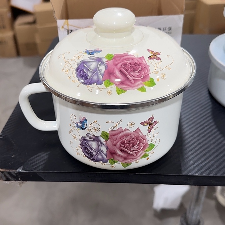 搪瓷16公分加厚玫瑰花搪瓷快餐杯，带盖