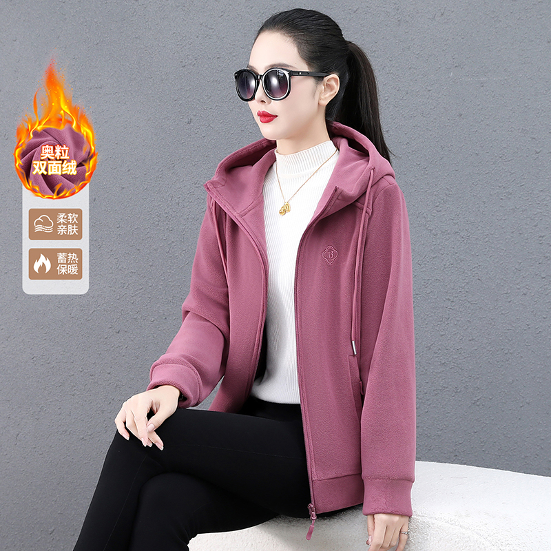 恩狐中老年女秋冬款双面绒连帽外套时尚宽松拉链上衣