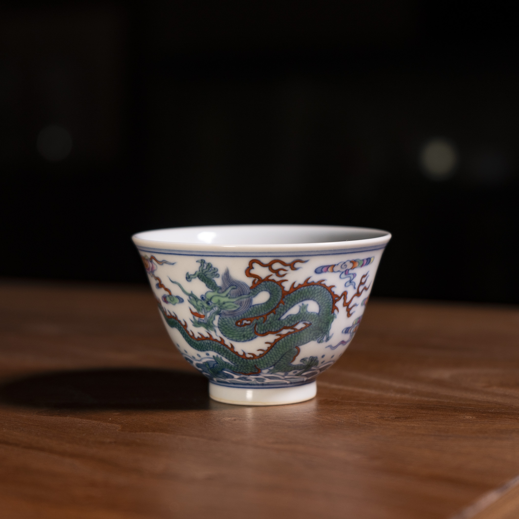 霞艺霞艺青花斗彩陶瓷珐琅彩龙纹双龙祥云纹敞口杯手工手绘主人杯