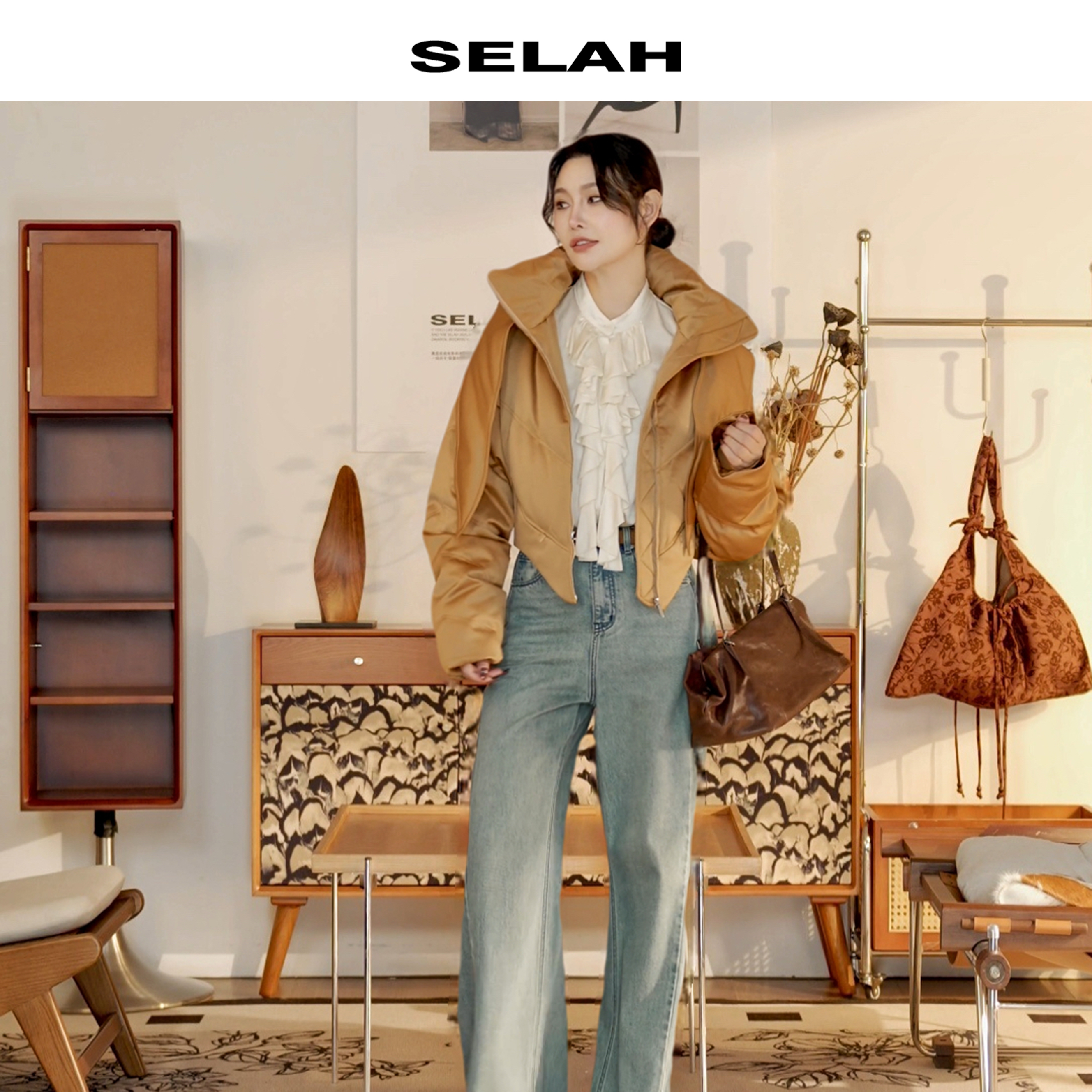 SELAH雯周周 白鹅绒保暖设计师款收腰短款羽绒服上衣S3D207004