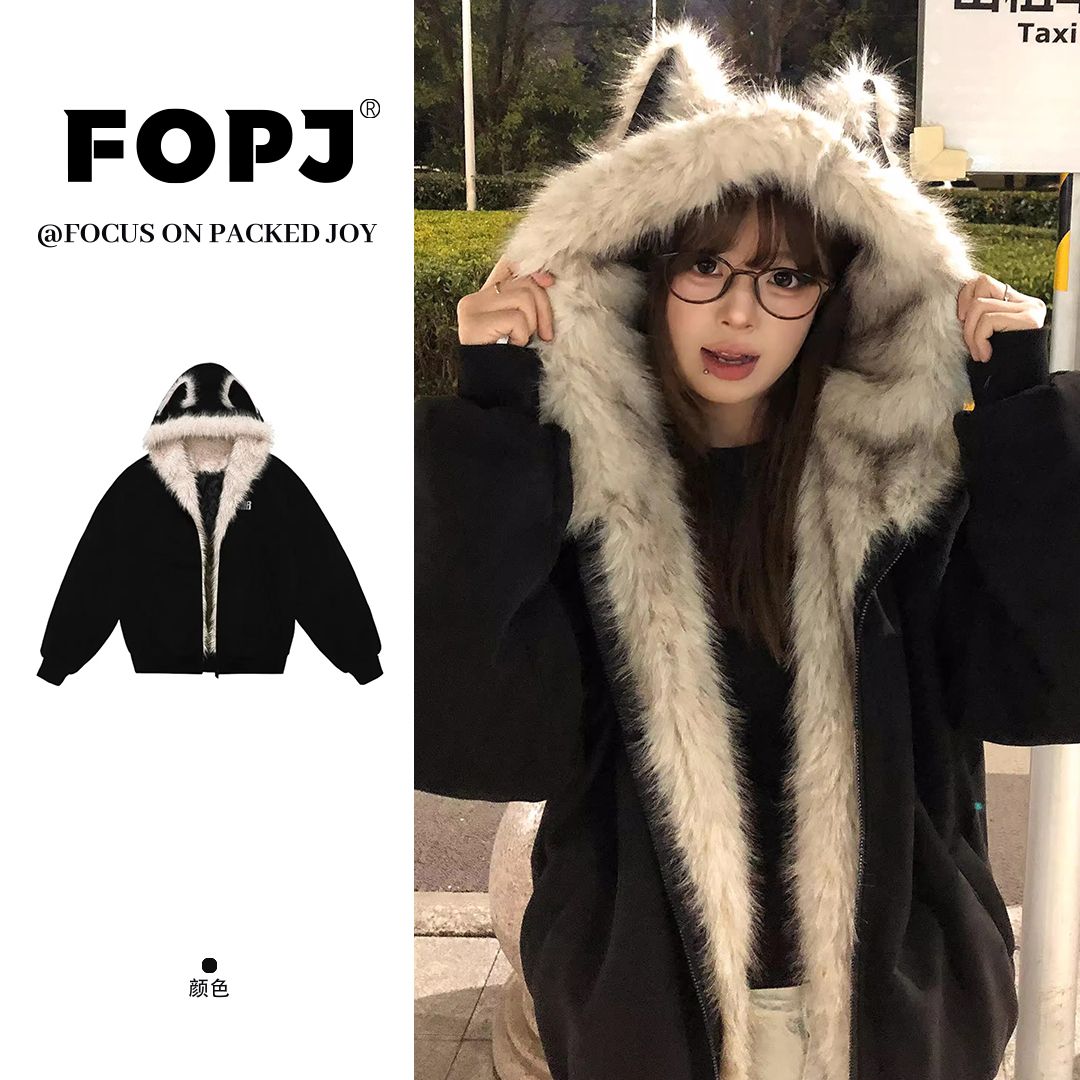 FOPJ刺绣款猫耳朵座山雕毛领毛茸茸棉服外套女秋冬季保暖加厚棉袄