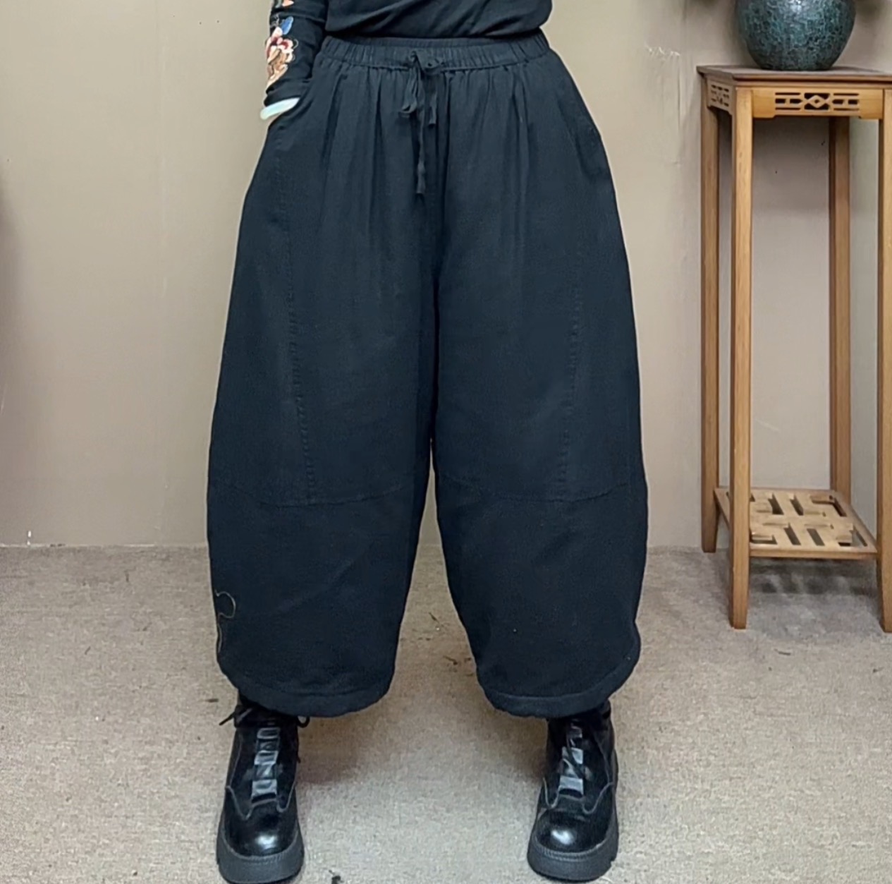 秋冬新款碎花文艺复古百搭大码麻棉裤柔软加厚保暖宽松遮肉阔腿裤