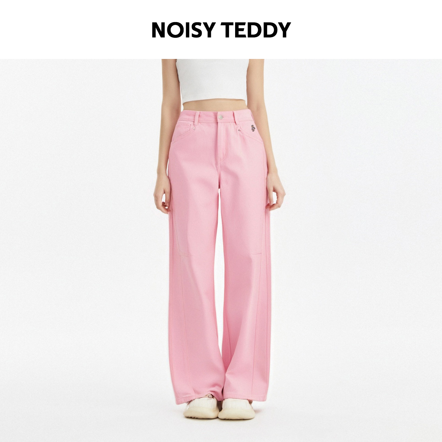 NOISY TEDDY欧若风刺绣小熊纯棉直筒牛仔裤休闲少女感粉色长裤