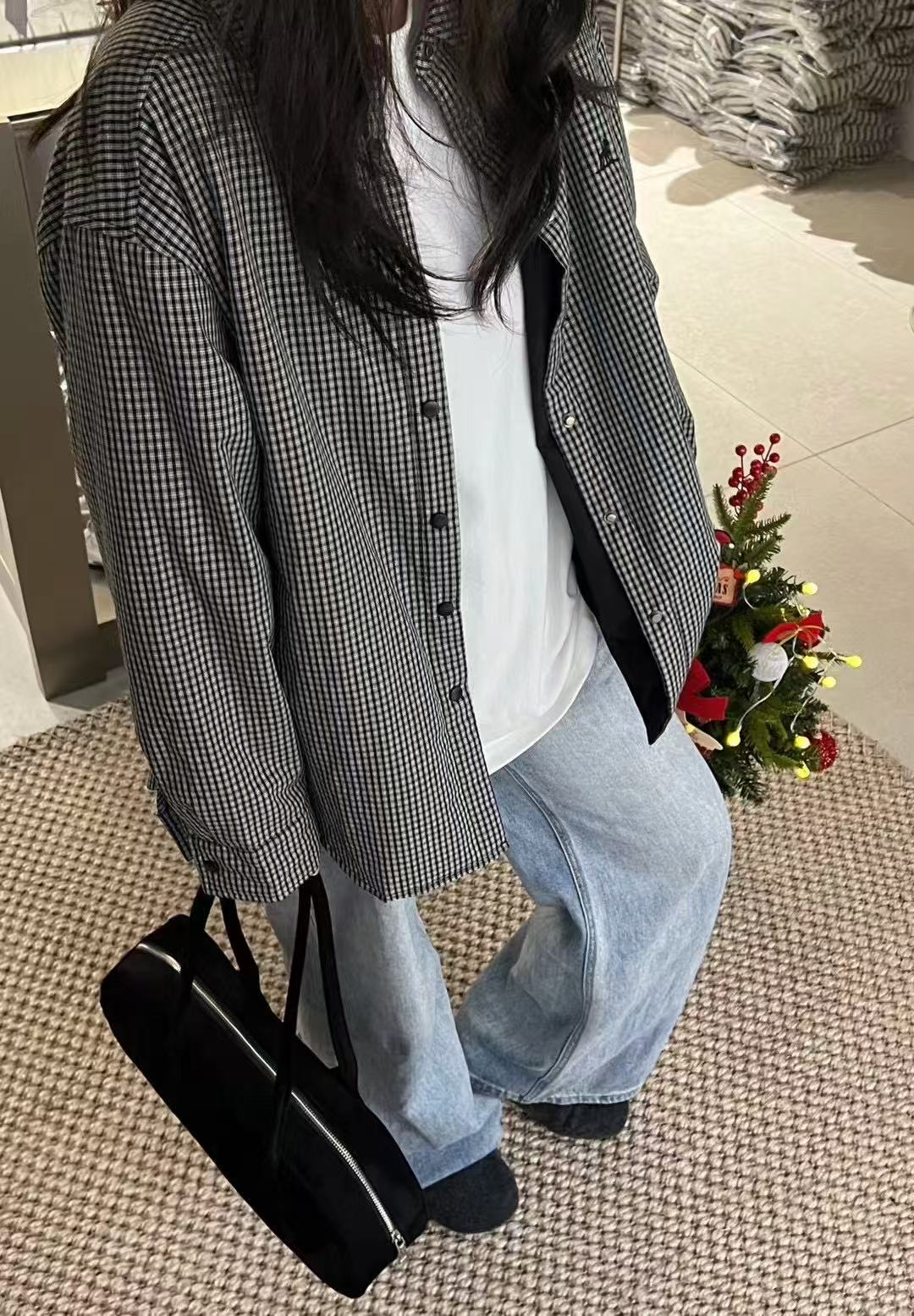 温柔瑶-蜜糖社冬季福利-加棉韩系刺绣格子衬衣-7315