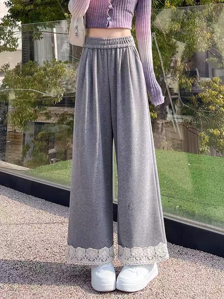 루루가−韩系设计灰色蕾丝休闲蕾丝拼接花边阔腿裤
