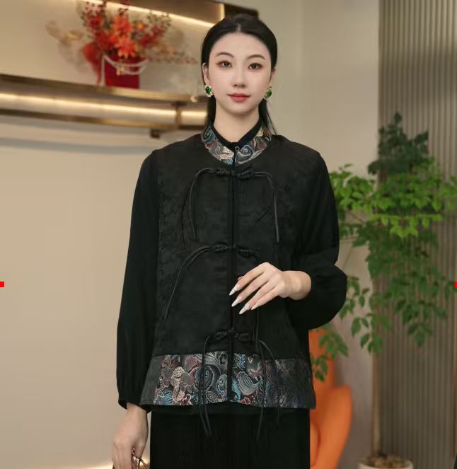 007/新中式提花刺绣马甲外套民族风黑色马夹中国风绣花