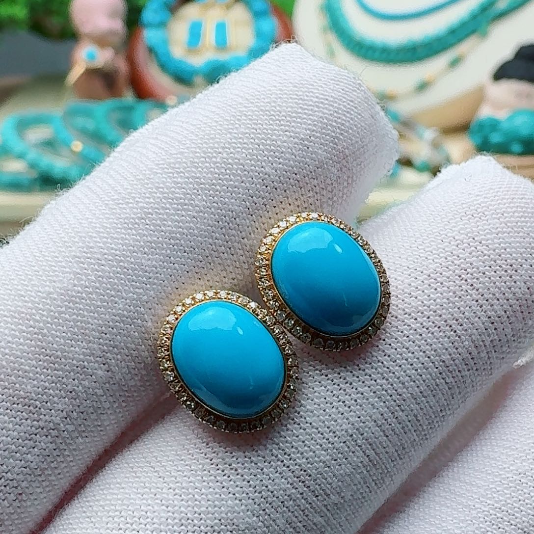 绿松石18K金镶嵌高瓷玉化暴暴蓝耳钉