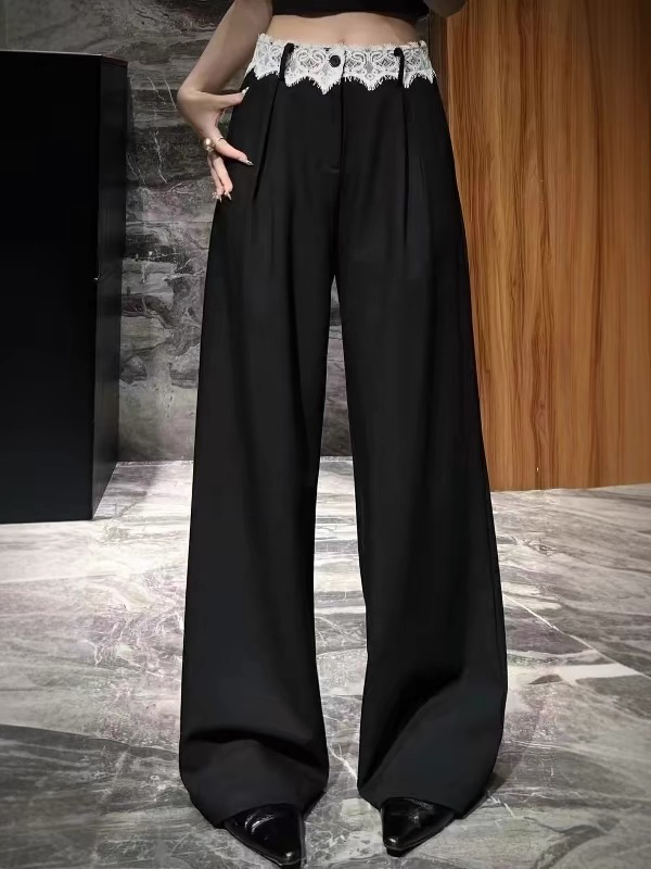 《木兮木》2025早春新款腰蕾丝拼接显瘦气质时尚百搭西装直筒裤7711