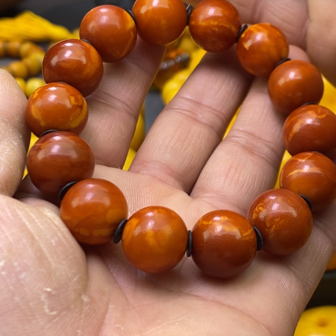 蜜蜡未镶嵌手链橘皮石膏花蜡圆珠手串