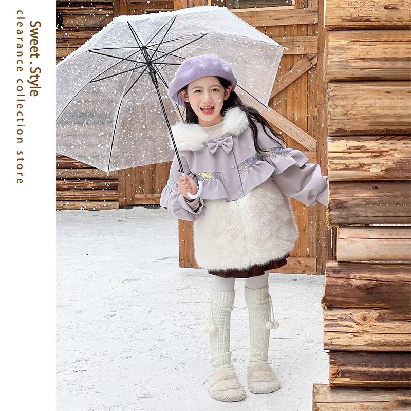 F035女童冬季保暖毛毛外套可爱风加绒加厚上衣