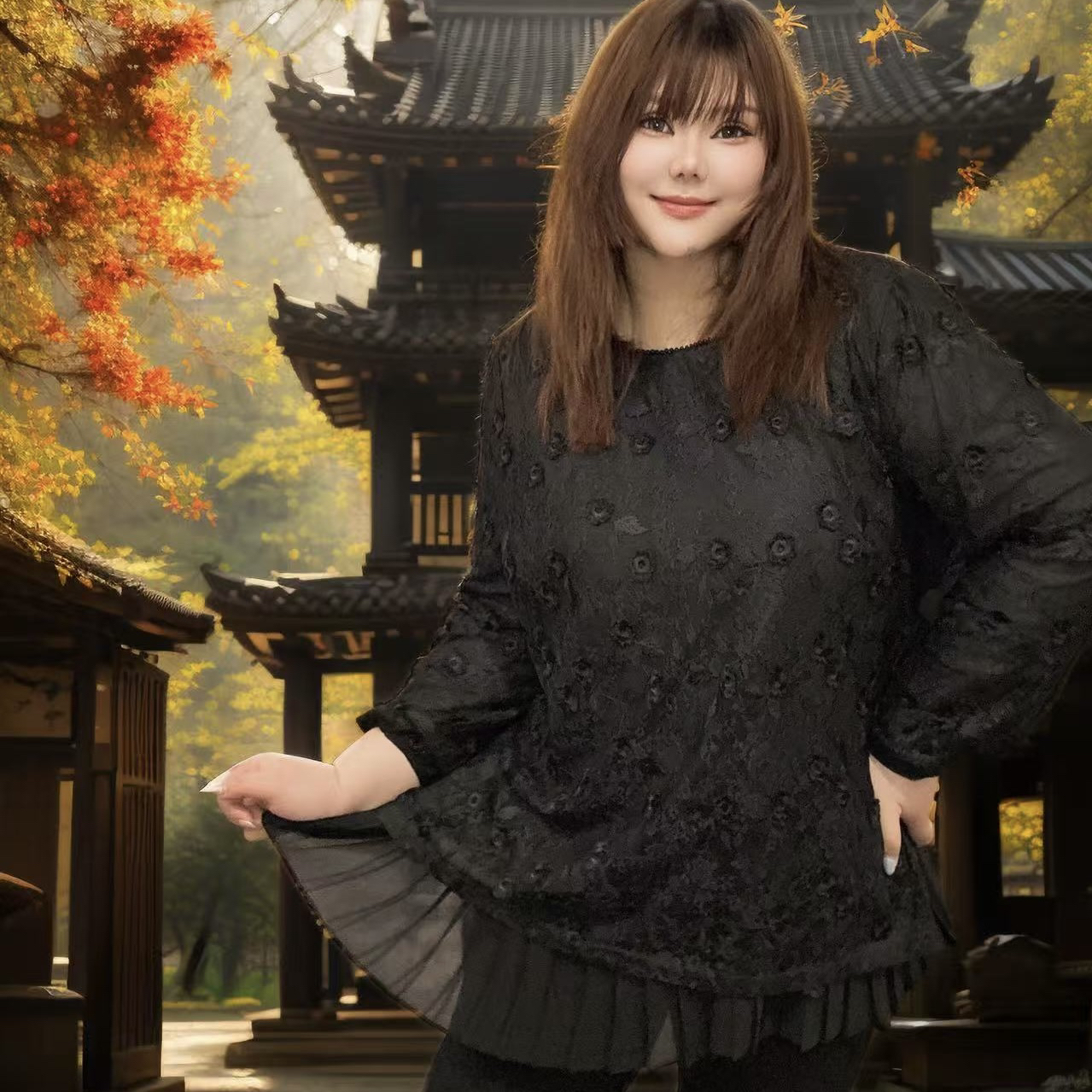 初秋新款刺绣立体花朵飘纱假两件上衣