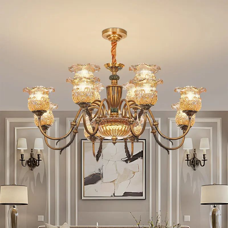 全铜复古吊灯 美式中古客厅吊灯法式水晶吊灯中山灯具欧式吊灯