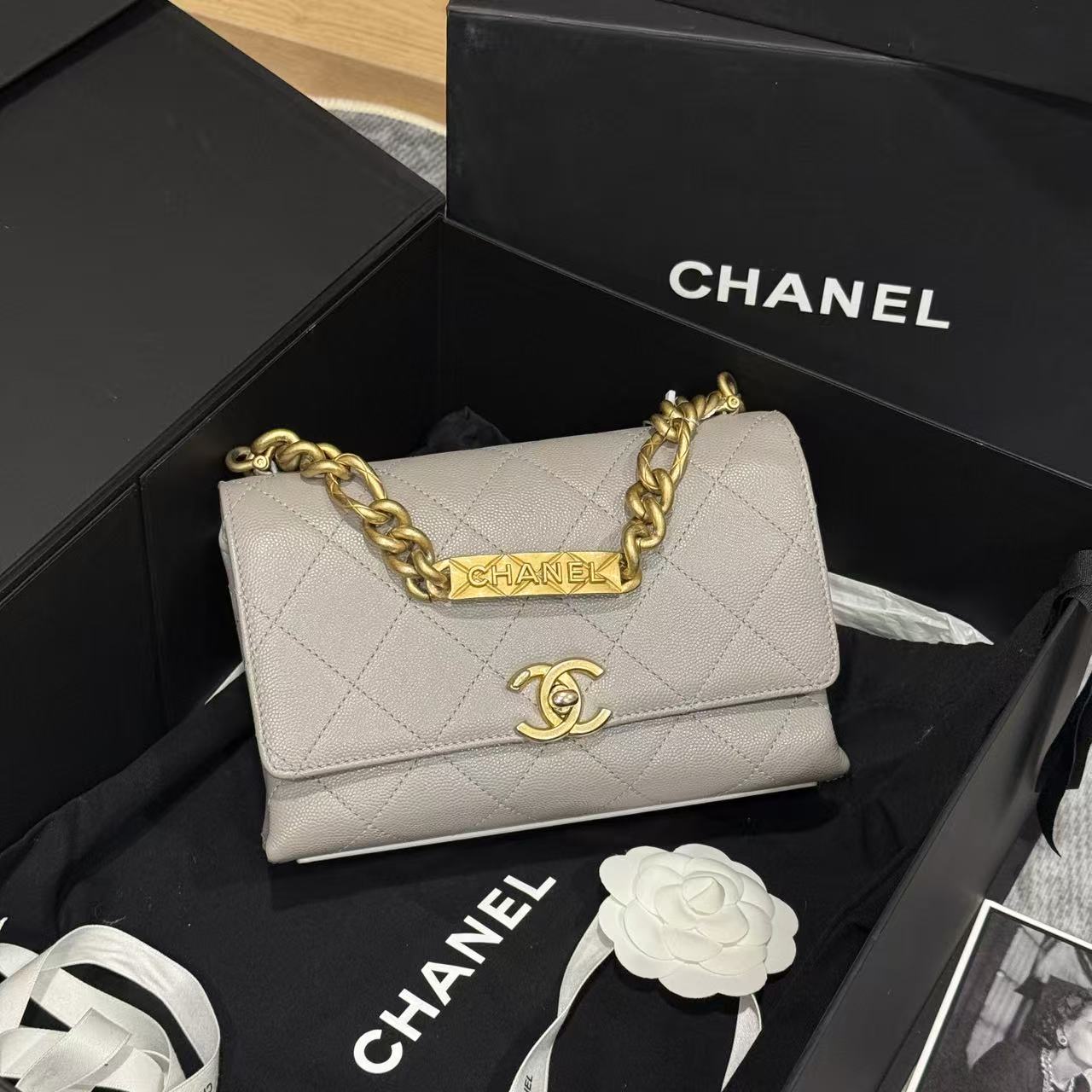 99新 Chanel/香奈儿 任意门奢品/香奈儿灰色荔枝牛皮链条包/99新