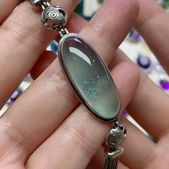 蛇纹石玉手链银S925镶嵌哲**语