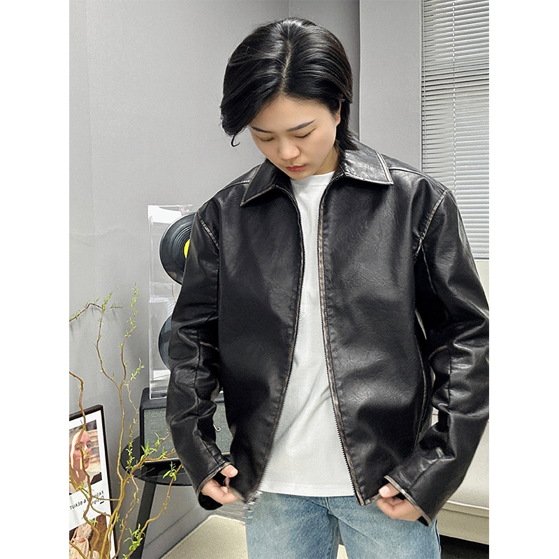 新款男士仿皮翻领简约皮衣拉链夹克外套时尚休闲潮流帅气皮夹克 