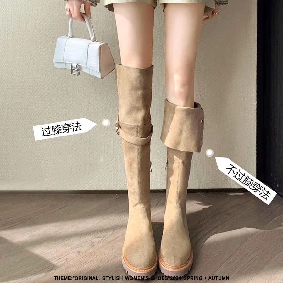 时尚百搭复古西部靴女冬加绒过膝长靴棕色长筒靴雪地靴骑士靴子