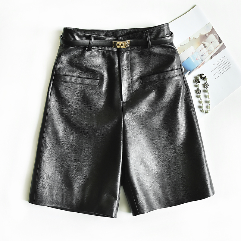 真皮短裤女士进口小绵羊皮五分阔腿休闲中裤海宁2025春秋高腰显瘦