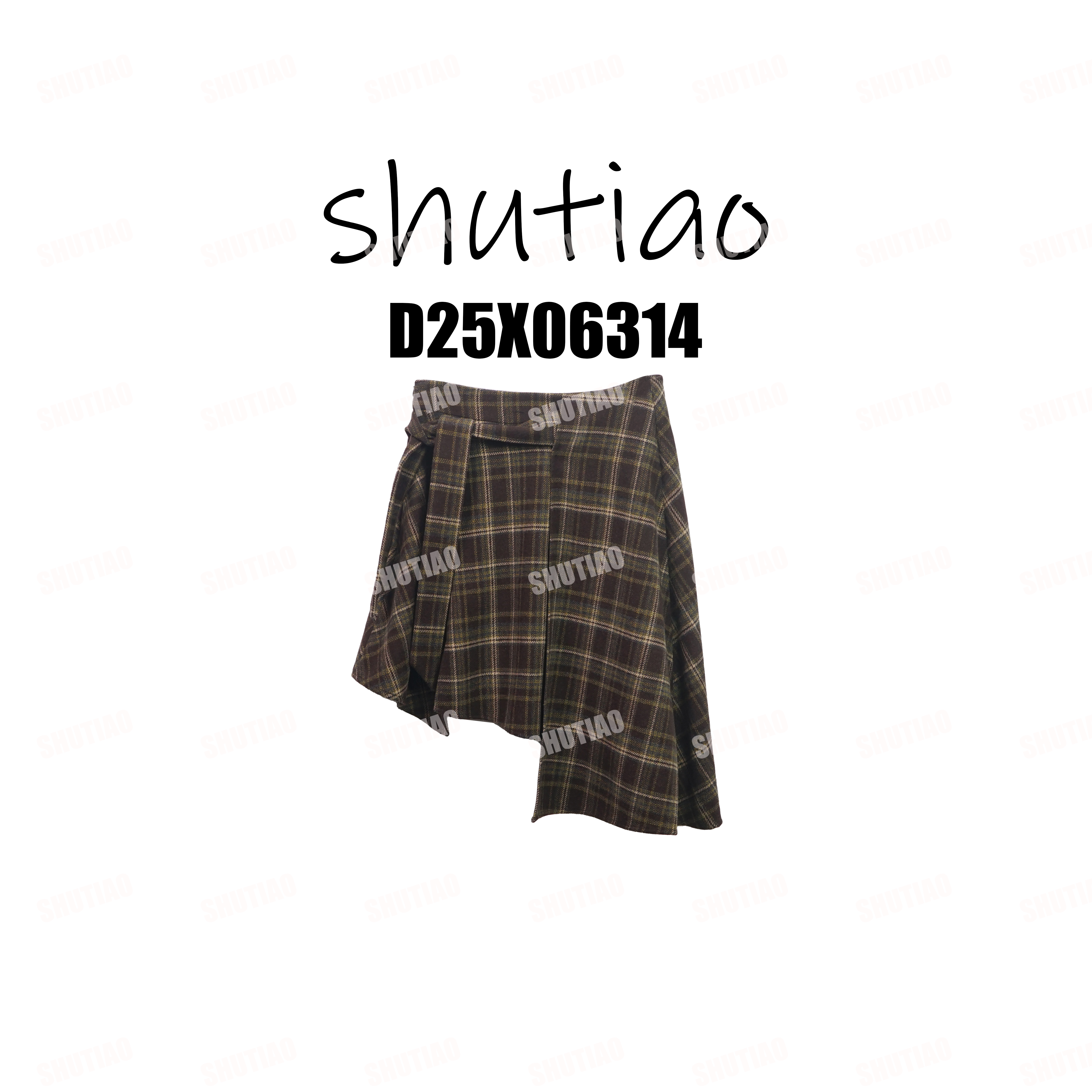 【SHUTIAO】2025冬季：复古格纹不规则绑带精纺绵羊毛裙子D25X06314