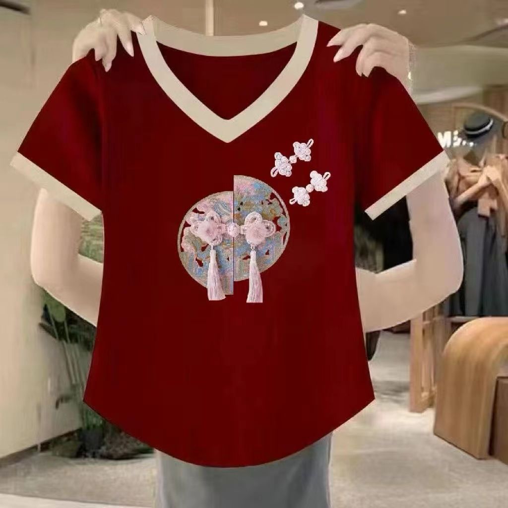 清仓捡漏~尾单无标专柜撤回夏季宽松T恤国风印花休闲打底上衣服女