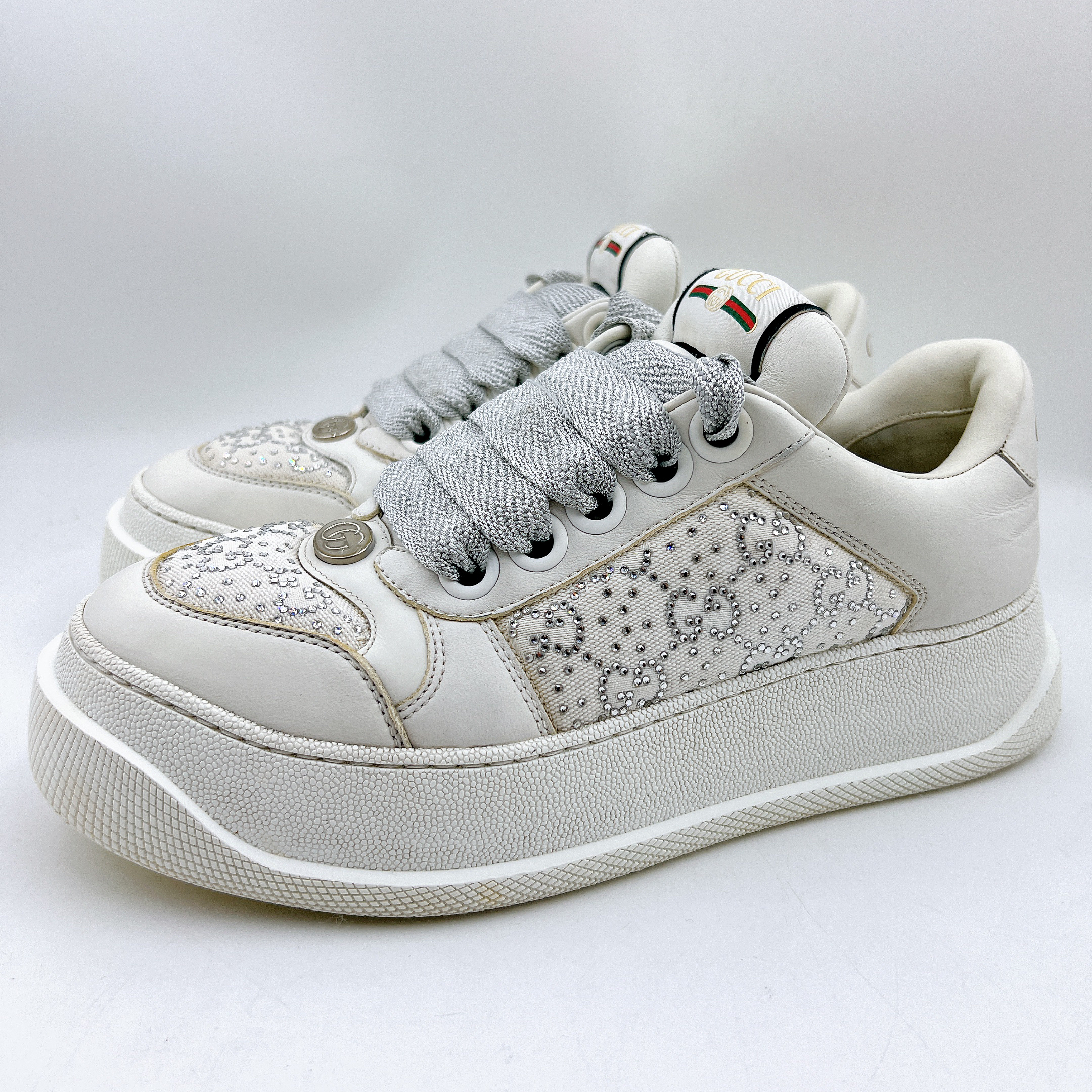 95新 GUCCI/古驰 38码/经典白色钻钻胖丁板鞋/BM01488