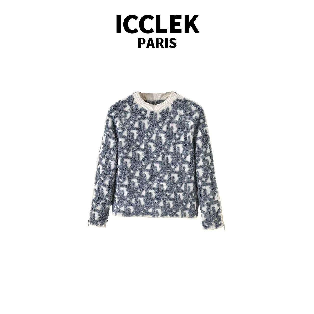 ICCLEK 蓝色撞色圆领针织衫 套头 加厚 气质 名媛 -3554