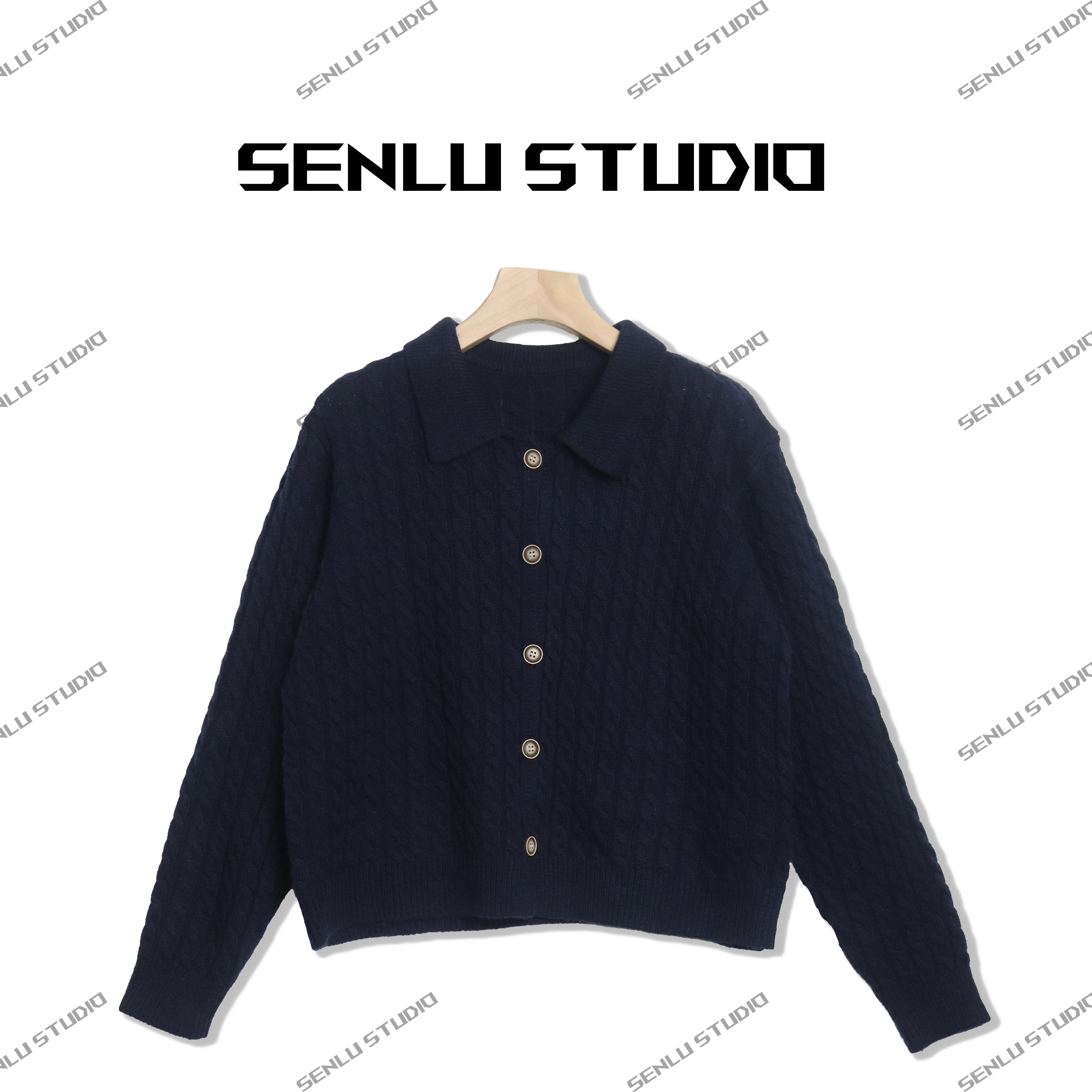 SENLU/森鹿 复古翻领针织慵懒宽松绞花短款开衫百搭时尚毛衣上衣