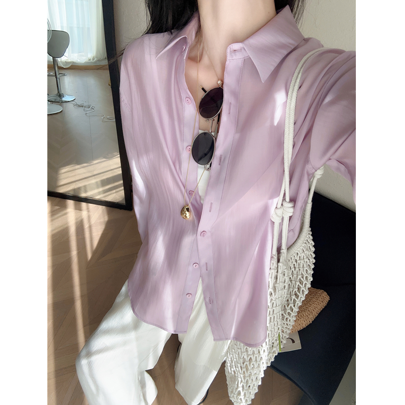 后开叉设计~轻盈飘逸衬衫垂顺宽松翻领衬衣防晒空调衫女夏新