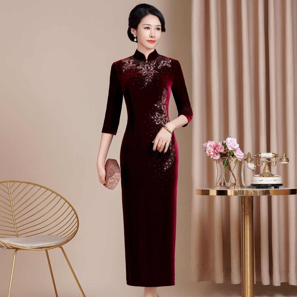 秋冬新款修身改良丝绒旗袍女喜婆婆喜妈妈敬酒服长款中老年妈妈装