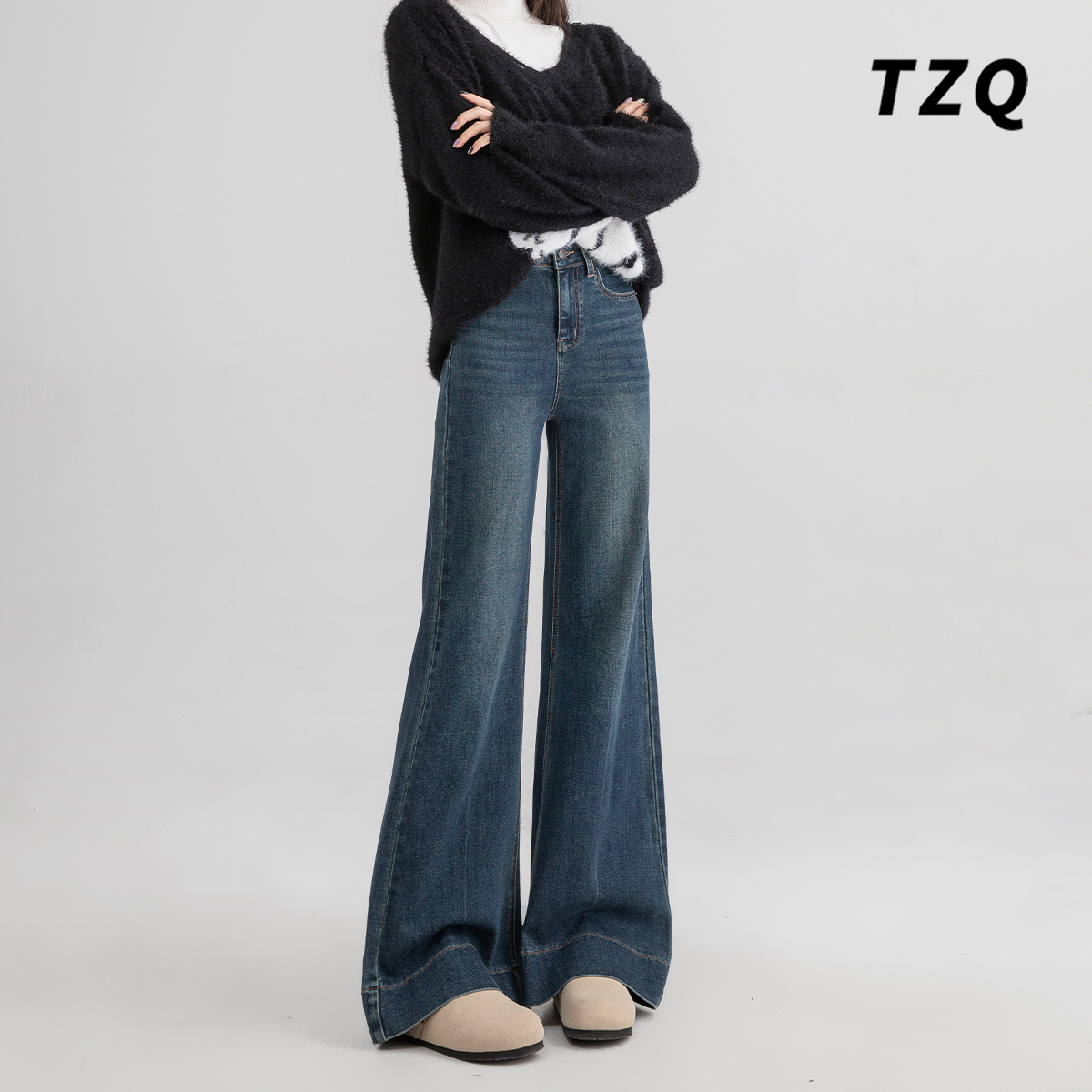 韩版复古蓝微喇牛仔裤女2025年秋冬加绒高腰显瘦拖地马蹄喇叭裤子