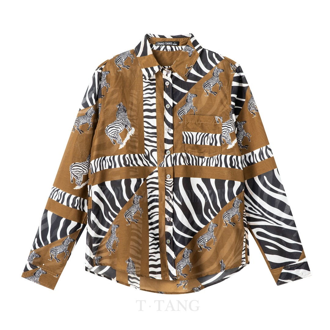 FL秋季时尚撞色斑马印花桑蚕丝亲肤柔软休闲POLO领百搭衬衫【2388】