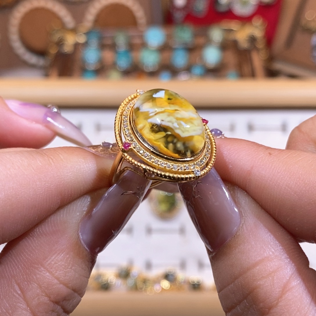 琥珀戒指银S925镀金镶嵌戒指