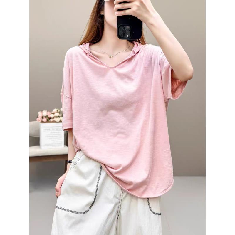 301欧货针织竹节棉花边帽大版T恤女