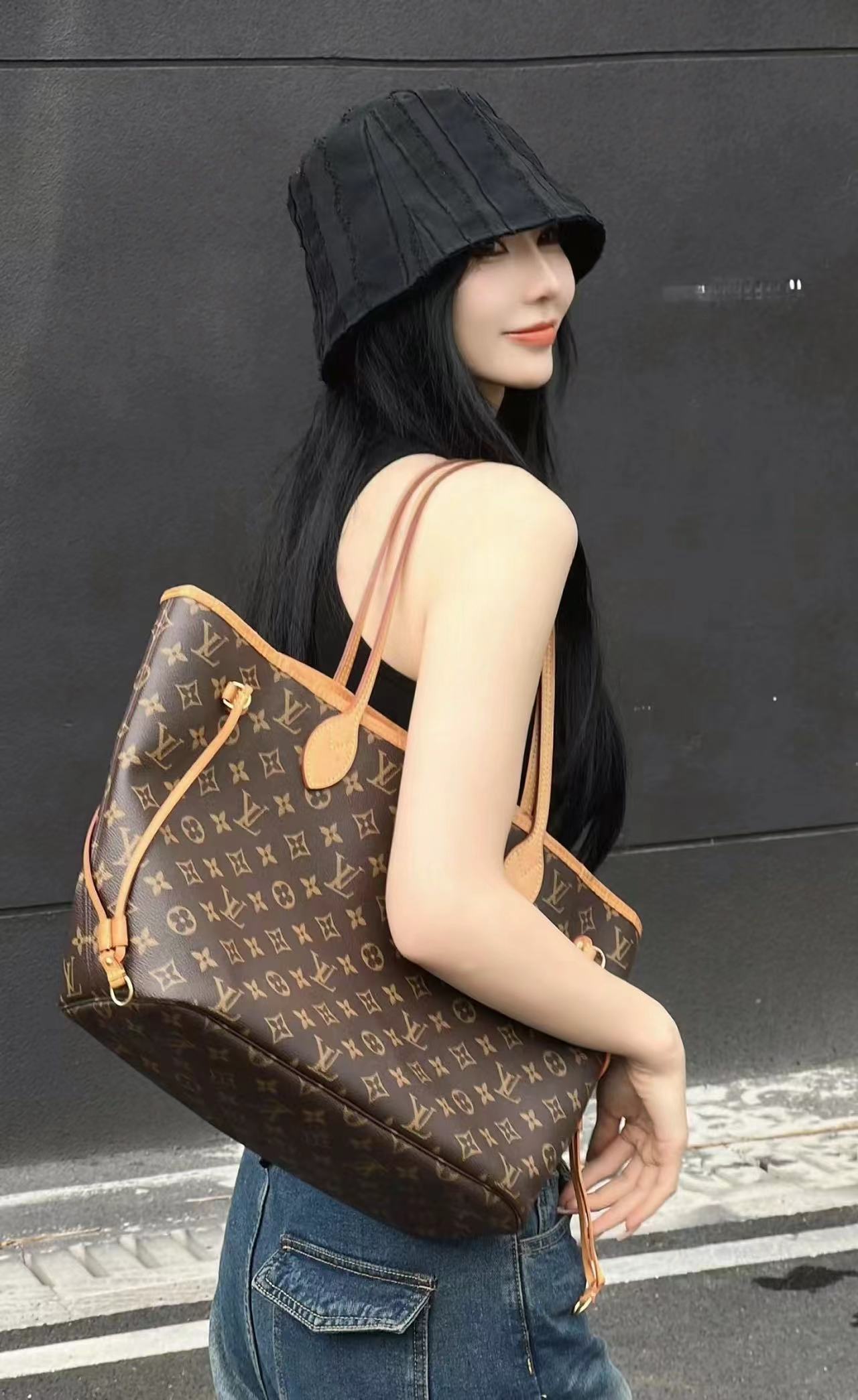 修复品全原LouisVuitton/路易威登nf手提袋玫红色内里托特包包包