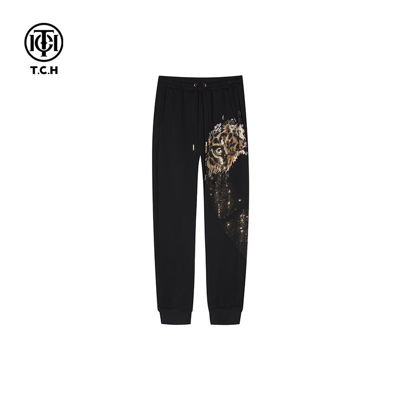 TCH潮牌轻奢豹头翅膀字母烫钻休闲长裤T21120C3005