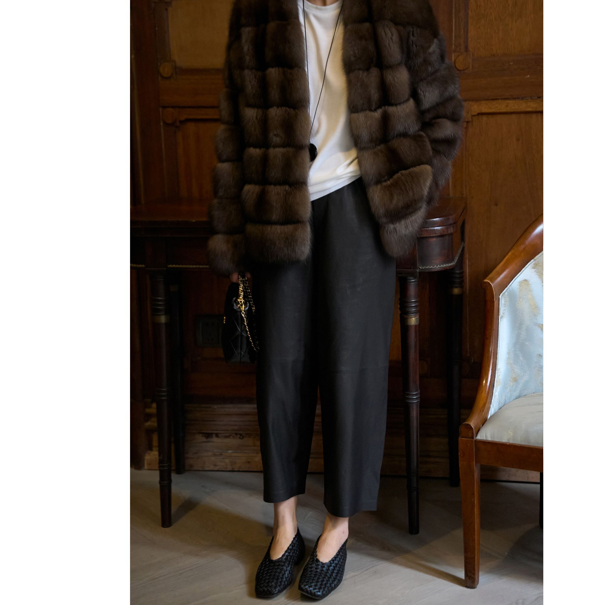 TOFOD  山本裤 植糅小羊皮哈伦裤 高腰宽松九分阔腿裤皮裤新