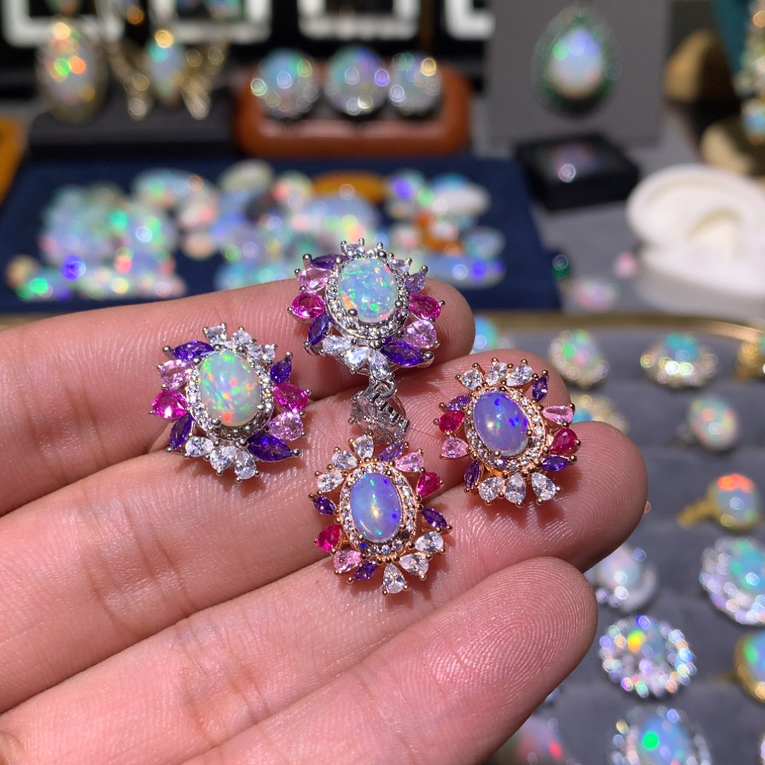 草***爱欧泊银S925镶嵌欧泊套装