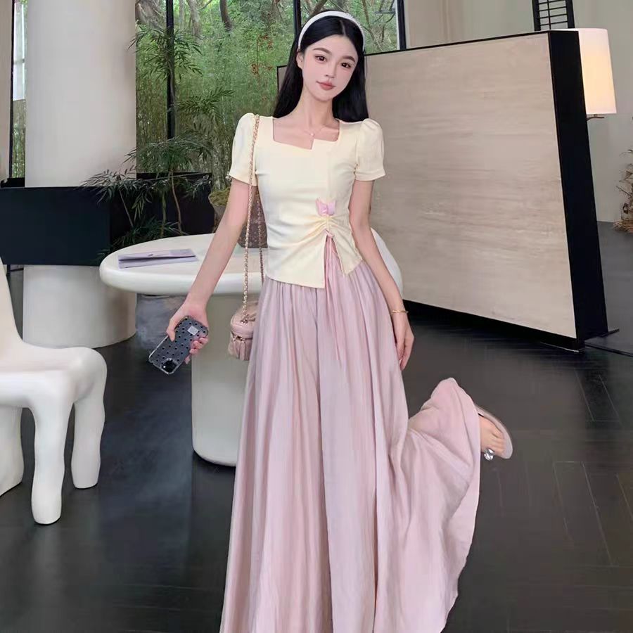 连衣裙收腰泡泡袖简约通勤甜美清新韩版时尚套装高腰